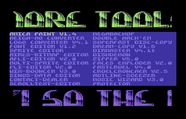 Screenshot of C64 tool collection 'More Tools', which use the multicolor Compyx font in the logo and the scroll text