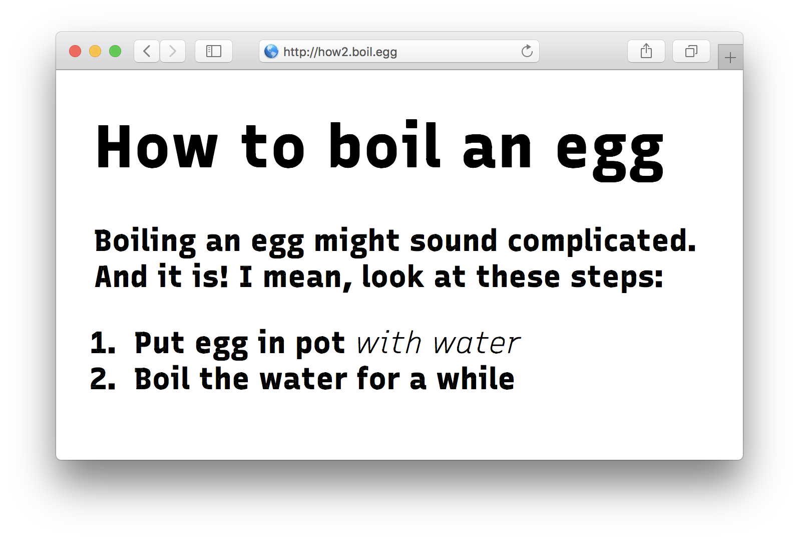 Screenshot of fake egg boiling site in wrong font