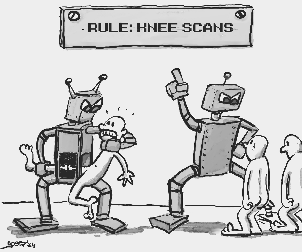 A cartoon image of two stern robots, one pulling a human's leg through its belly so it shows the bones in the knee, the other pointing to a sign saying 'Rule: Knee Scans'
