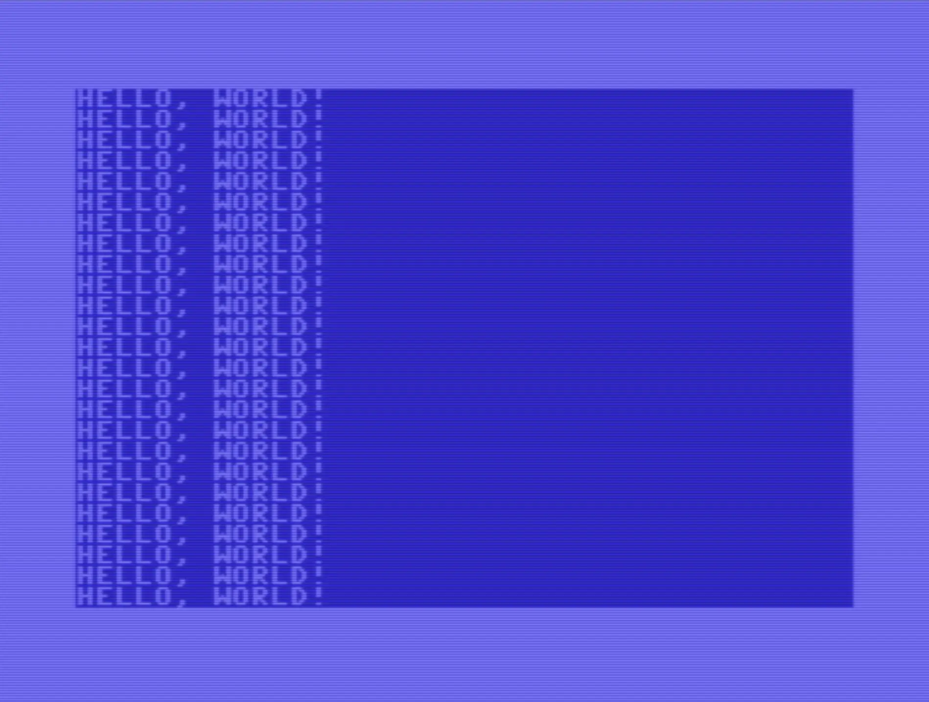 Hello world lines running down a homecomputer screen