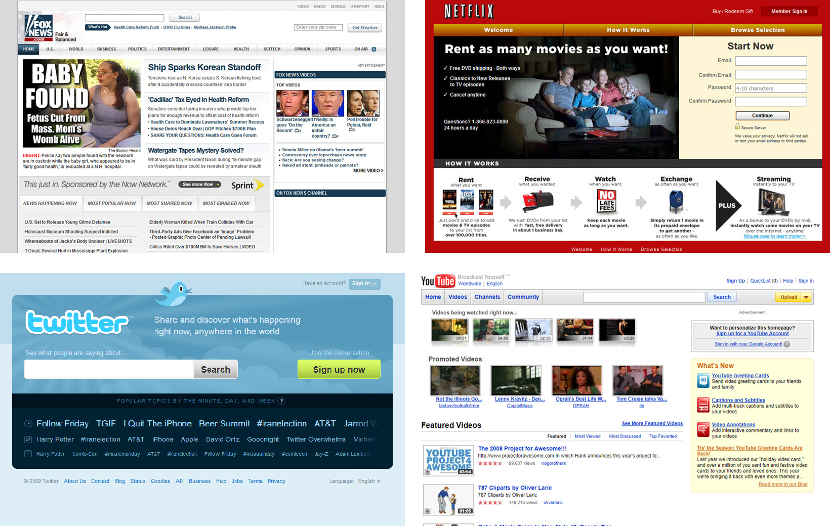 Screesnhots of Fox News, Netflix, Twitter and YouTube in 2009